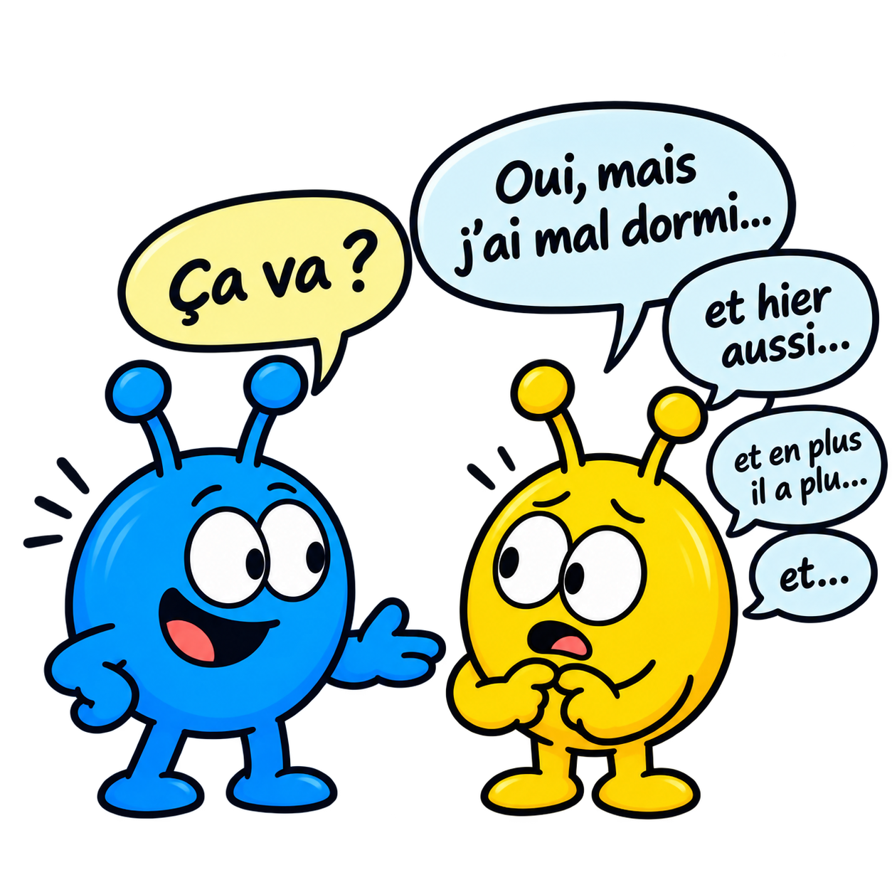 Le personnage bleu demande « Ça va ? » et le jaune répond en détail.