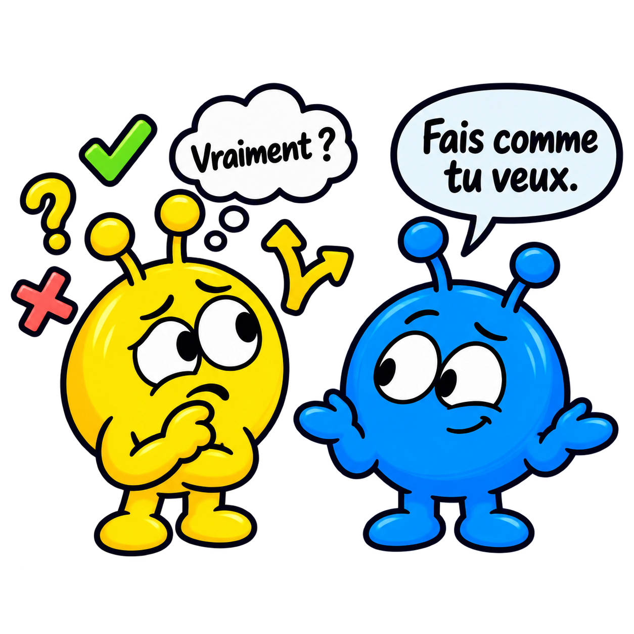 Le bleu dit « Fais comme tu veux » et le jaune se demande s’il est vraiment libre de choisir.