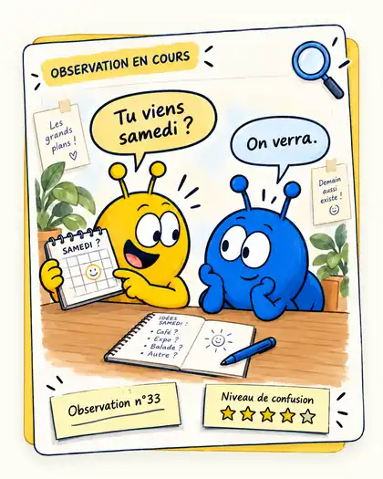 Deux personnages jaune et bleu : « Tu viens samedi ? » — « On verra. », observation n°33