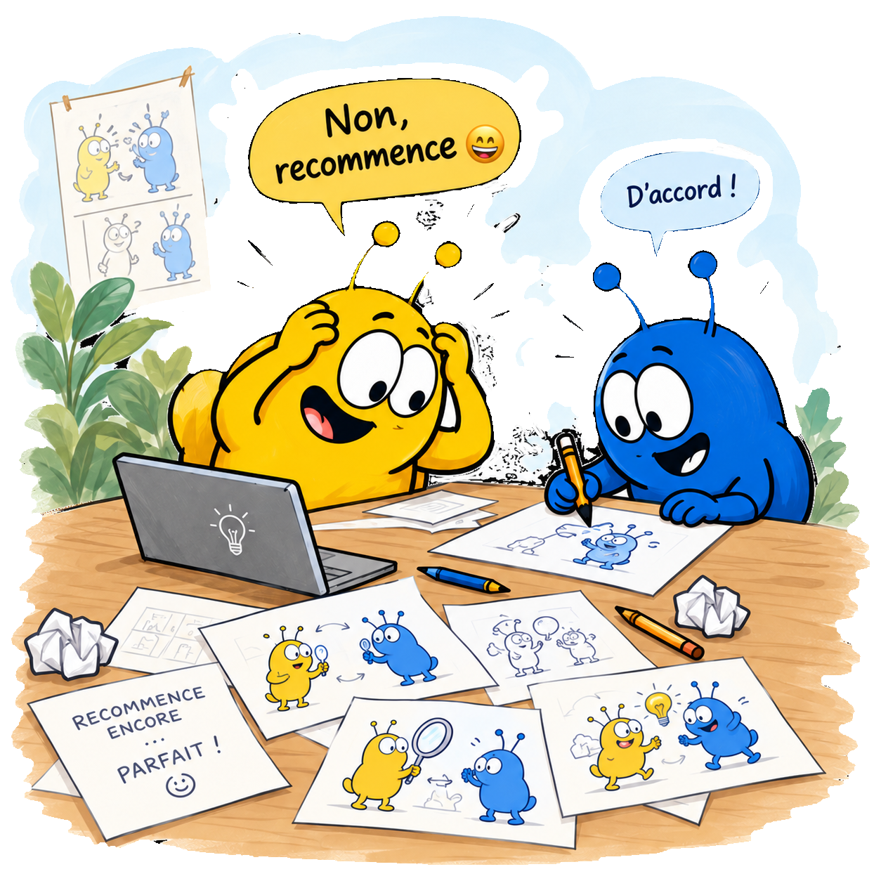 Le personnage jaune propose des corrections pendant que le bleu dessine les illustrations.