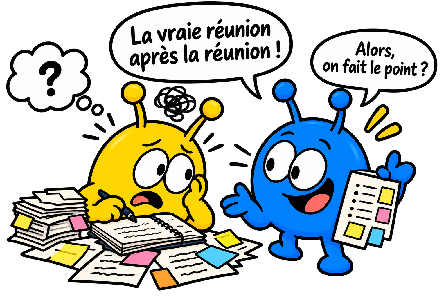 Après la réunion, le bleu propose de faire le point et le jaune reste perplexe devant ses notes.