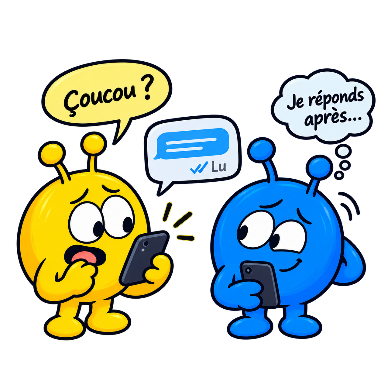 Le jaune attend une réponse à son message lu, tandis que le bleu pense répondre plus tard.