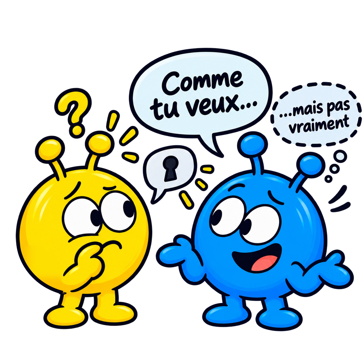 Le bleu dit « Comme tu veux » tout en pensant « mais pas vraiment », laissant le jaune perplexe.